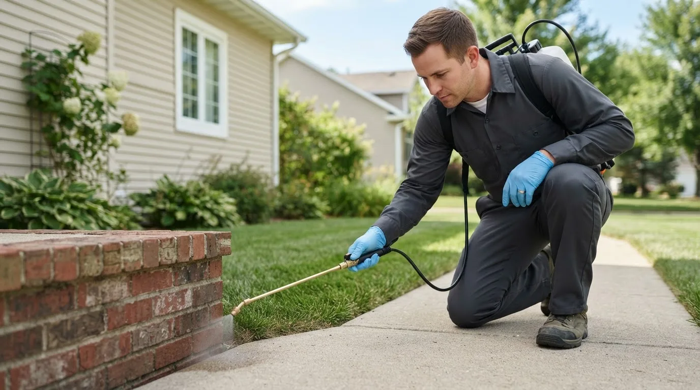 Pest control technician treating a home near Reading, KS